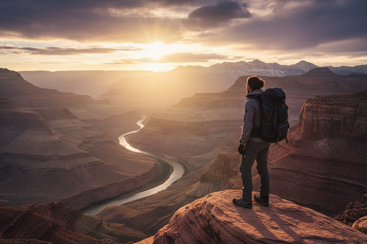 lone explorer overlooking canyon with sunset.
