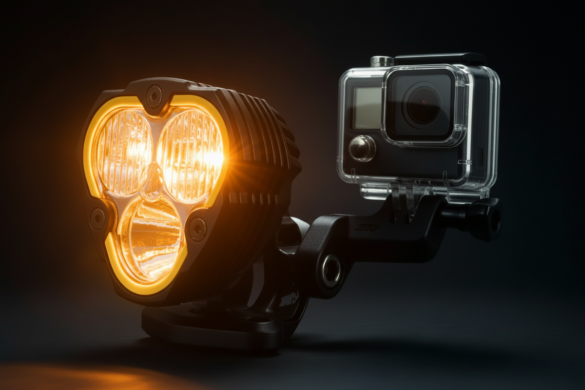 Off road light and GoPro camera on a black background