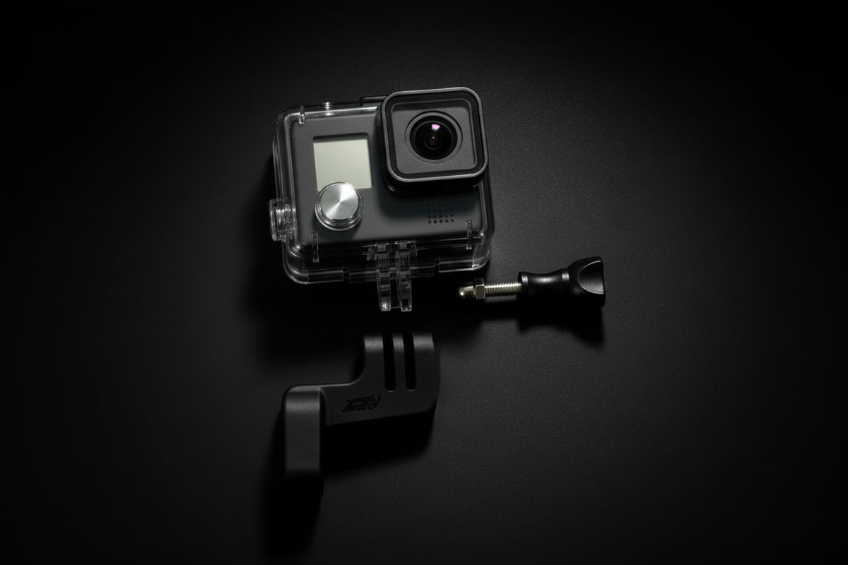 Action camera with clear protective cover on a black background