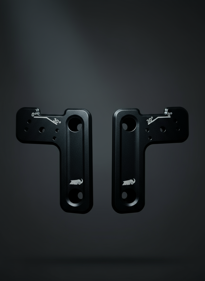 Two black metal brackets on a dark gray background