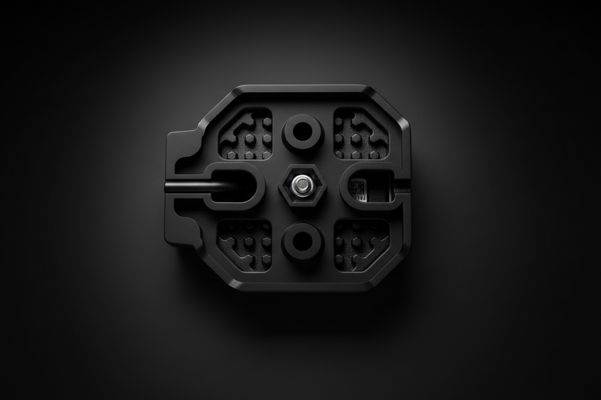 Black plastic mount on a dark background