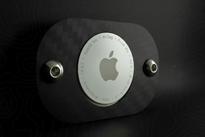 Black device with Apple logo on a dark background