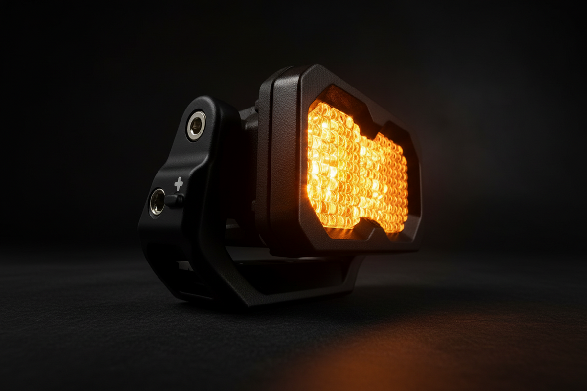 Amber LED light on a dark background