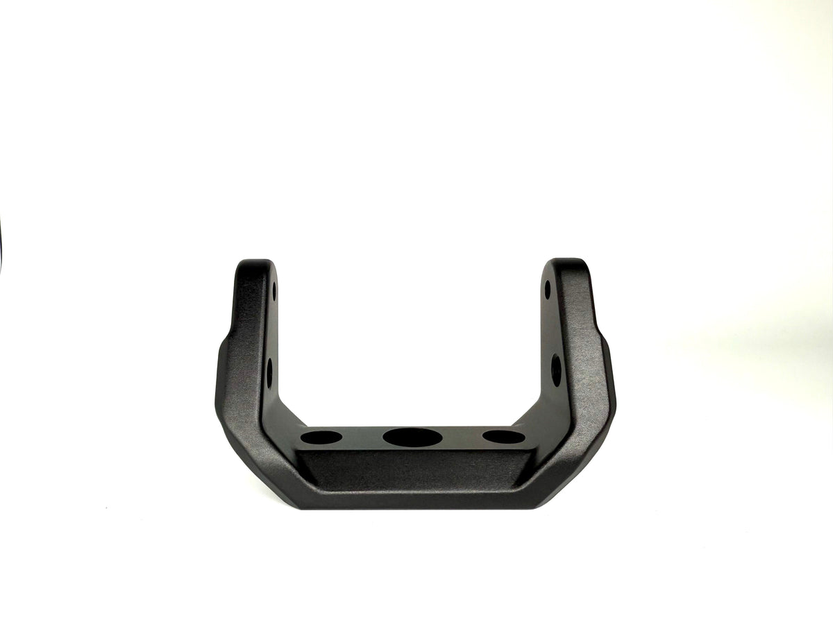 Black metal U-shaped bracket on a white background