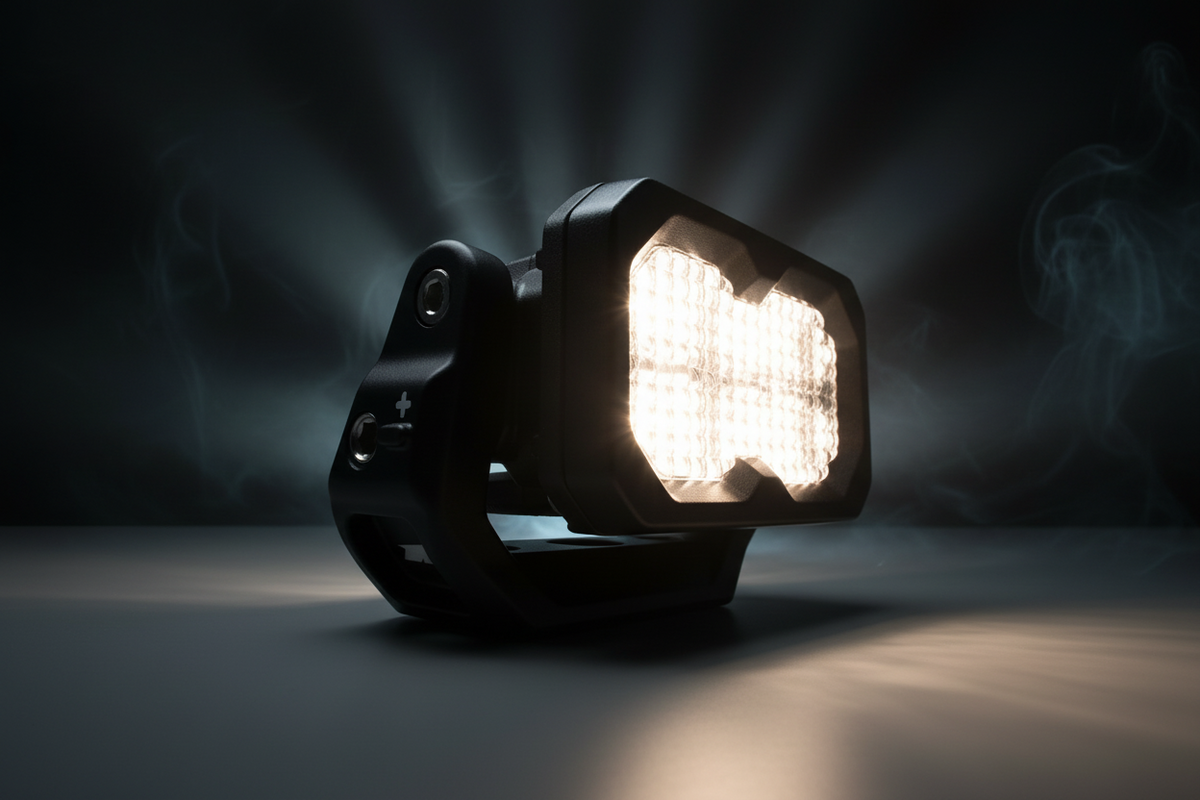 Brightly illuminated light fixture casting a beam of light against a dark background