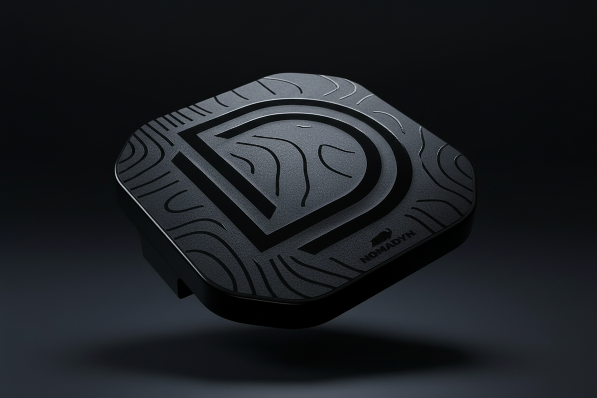 Black light cover with a distinctive logo on a dark surface