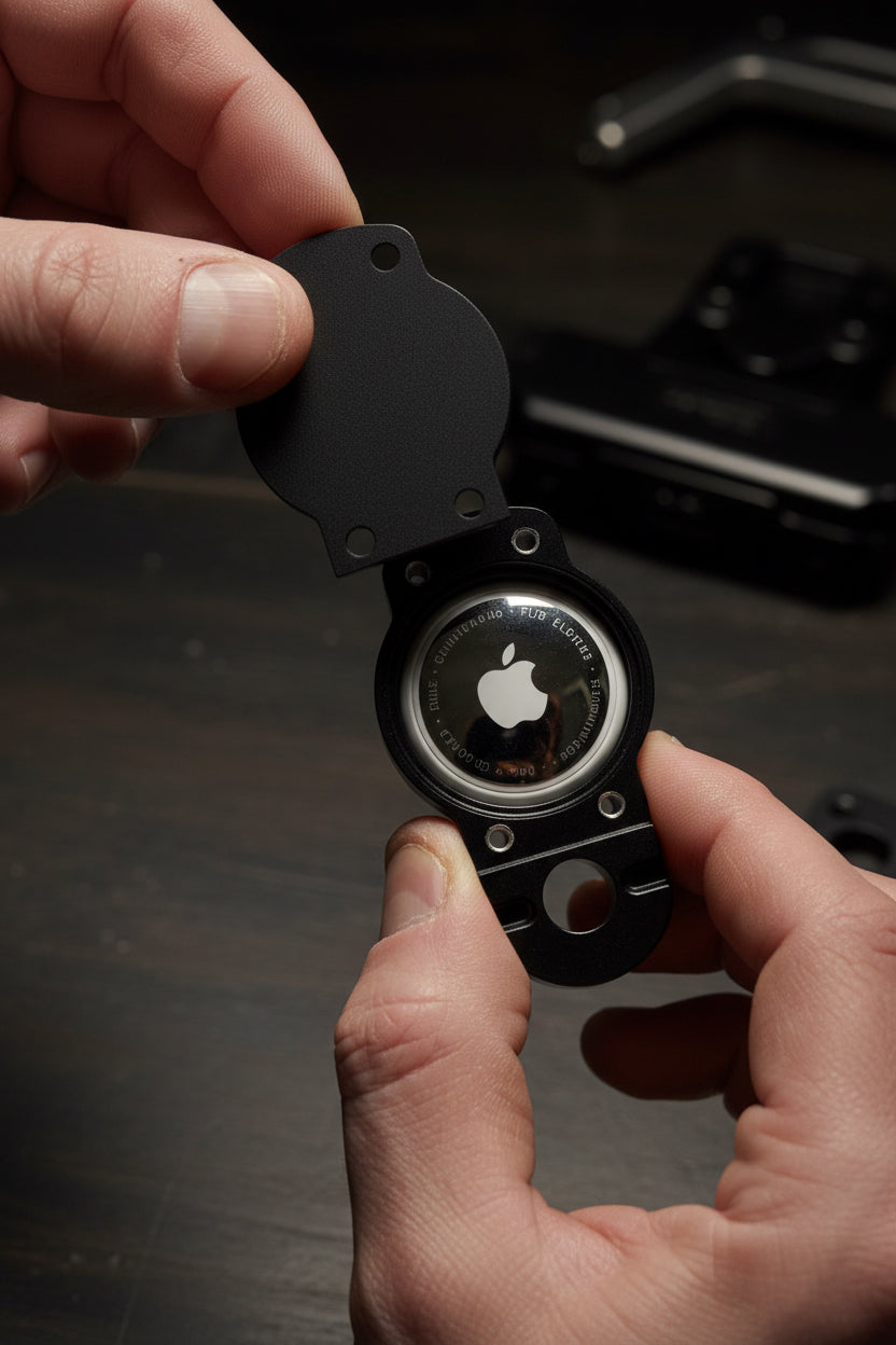 Close-up of a mechanical component held by hands against a wooden background