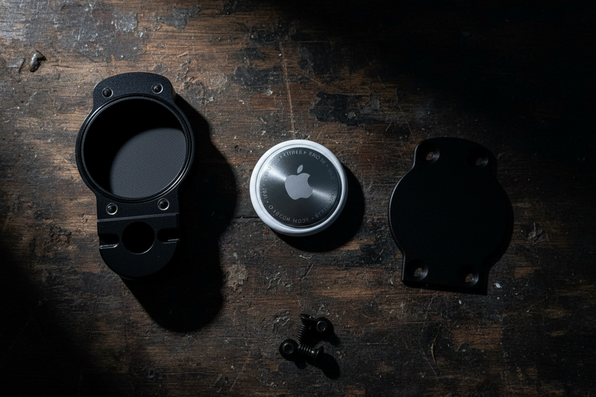 Three black metal objects on a dark wooden surface with an Apple logo in the center.