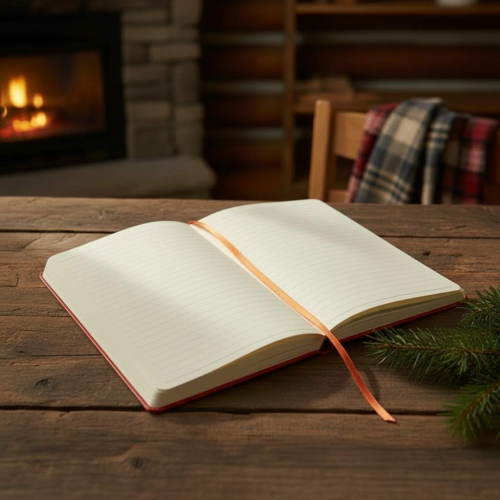 An open lined notebook with a red cover and a thin orange ribbon bookmark rests on a rustic wooden table in front of a cozy fireplace, with a plaid blanket on a chair in the background.