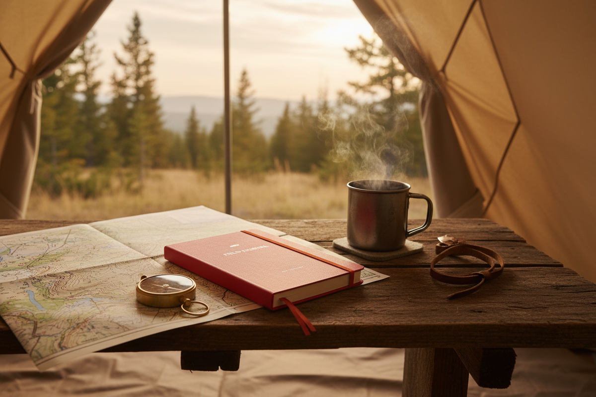 A red hardcover notebook with a matching red ribbon lies on a rustic wooden table inside a tent, alongside an open map, a brass compass, a metal mug with steam, and a pair of glasses, with a forest landscape visible outside the tent window.
