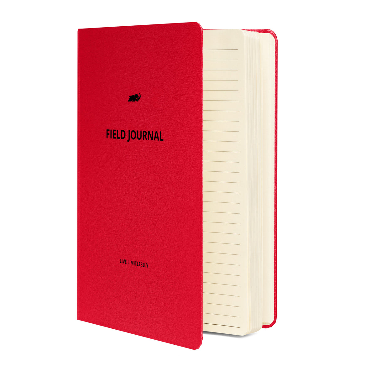 red hardcover field notebook, partially open.
