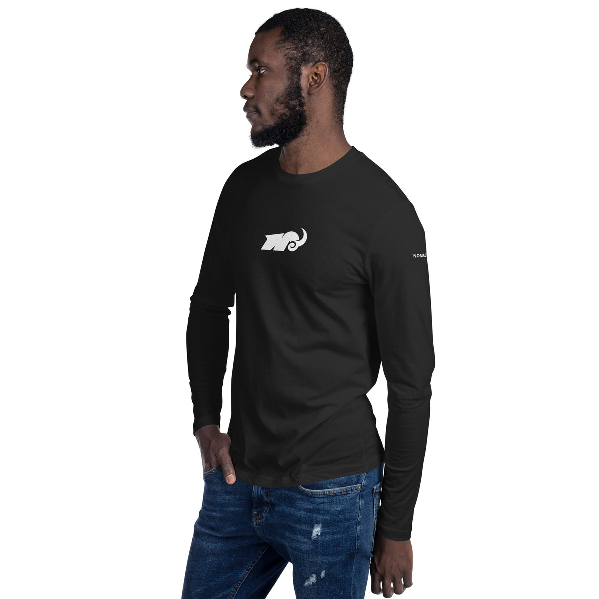 Man wearing a black long sleeved shirt with logo on chest
