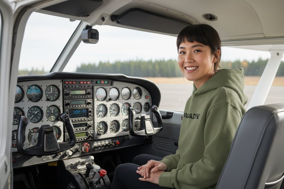 Woman sitting in cockpit with green hoodie. 